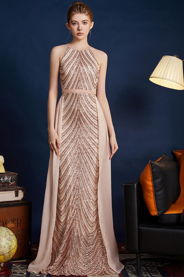 Vestido de fiesta largo con tirantes de espagueti con pedrería de purpurina dorada